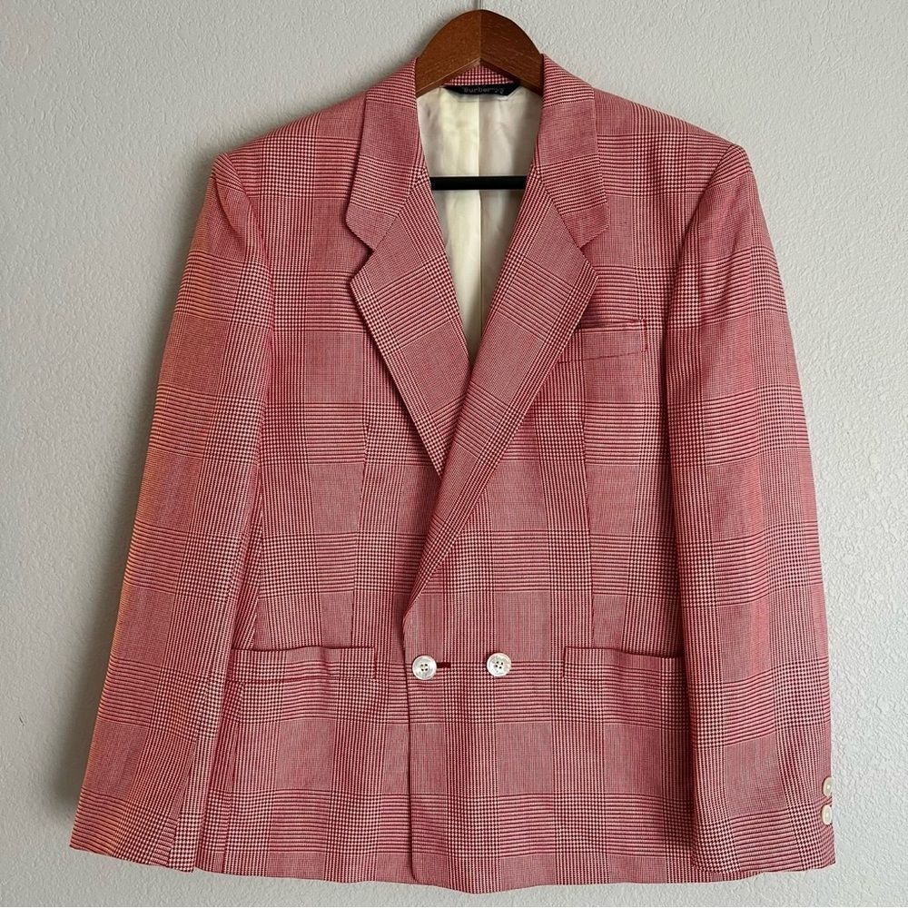 Vintage Burberry Womens Red Plaid Double Breasted Blazer Size 8 Burberrys